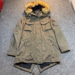 S13 NYC Parka Jacket Womens M Olive Green Faux Fur Hood Drawstring Winter Coat